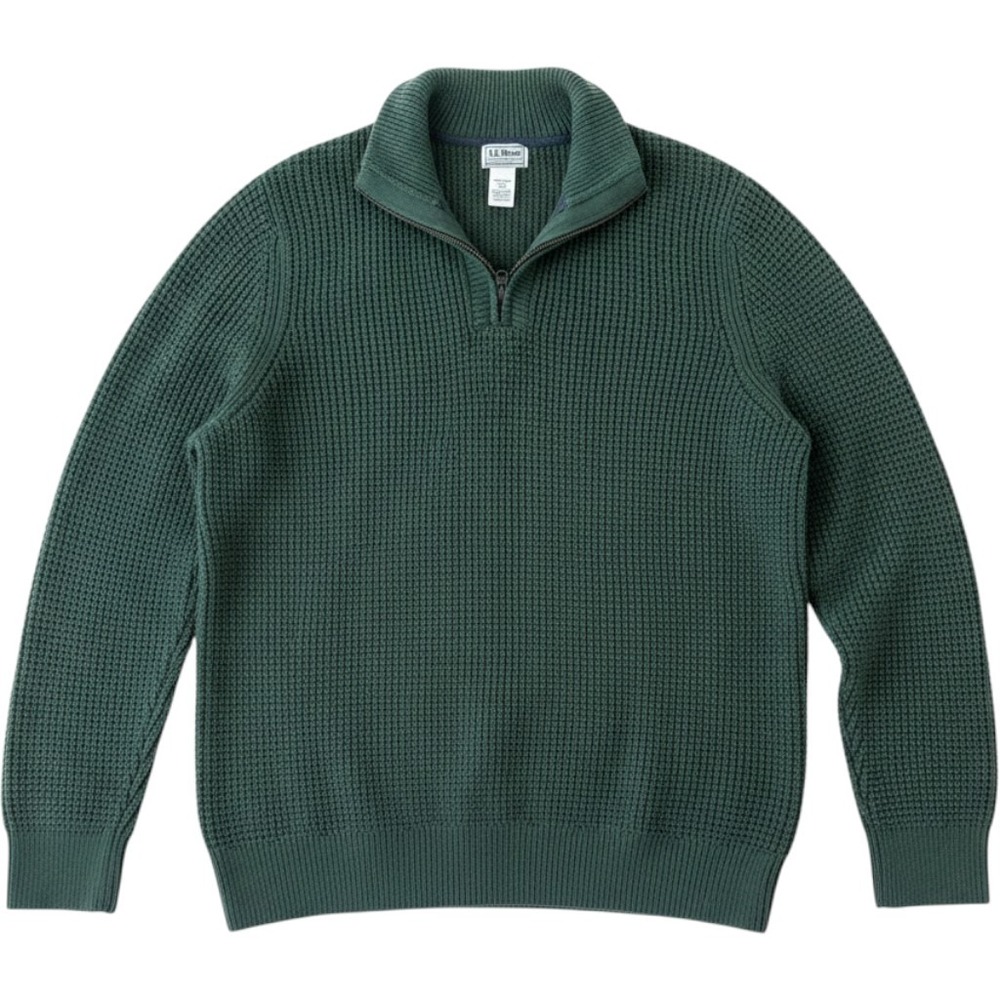 LL Bean Mens XL Green Organic Cotton Waffle Knit Quarter Zip Sweater 508120